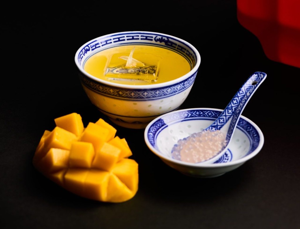 Mango dessert with fresh mango and tapioca pearls at Vesu Pizza Bar in Tsim Sha Tsui, Hong Kong.
